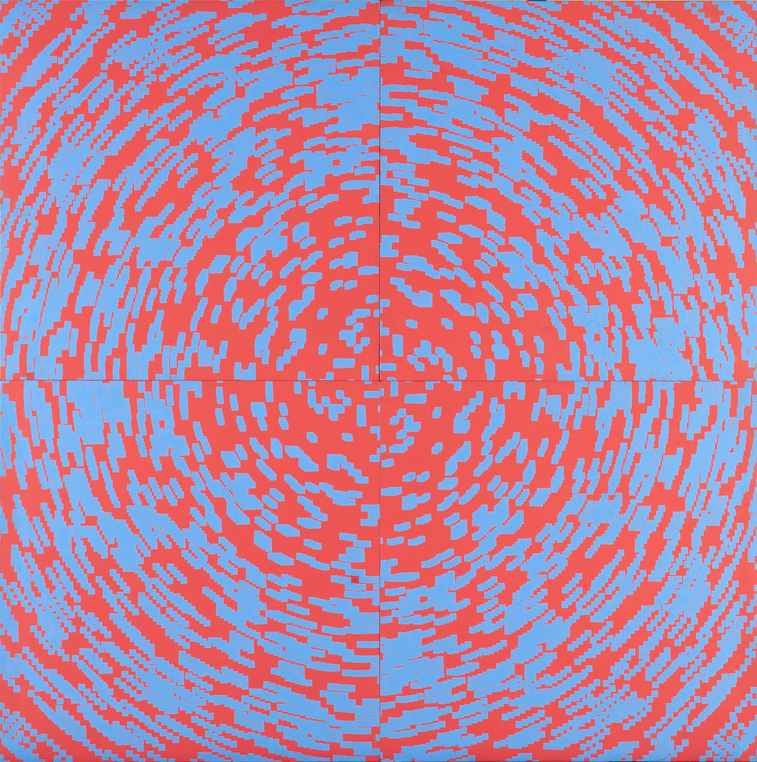 François Morellet, Répartition aléatoire de 20% de carrés, superposée 5 fois en pivotant au centre, 1970